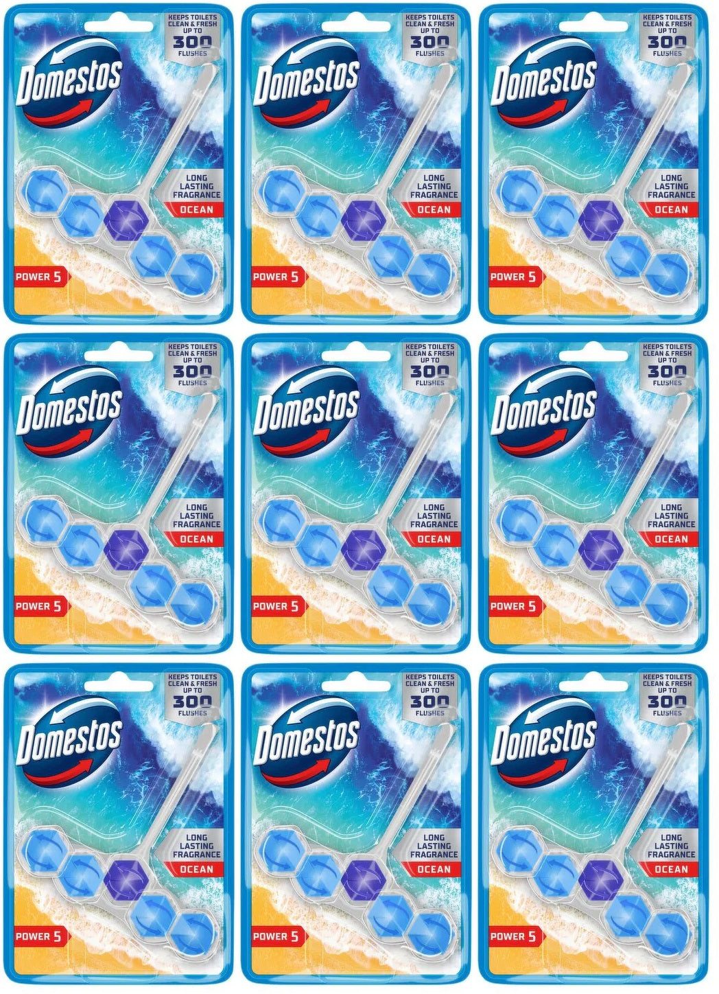 9 x Domestos Power 5 Toilet Rim Block Ocean 50 G