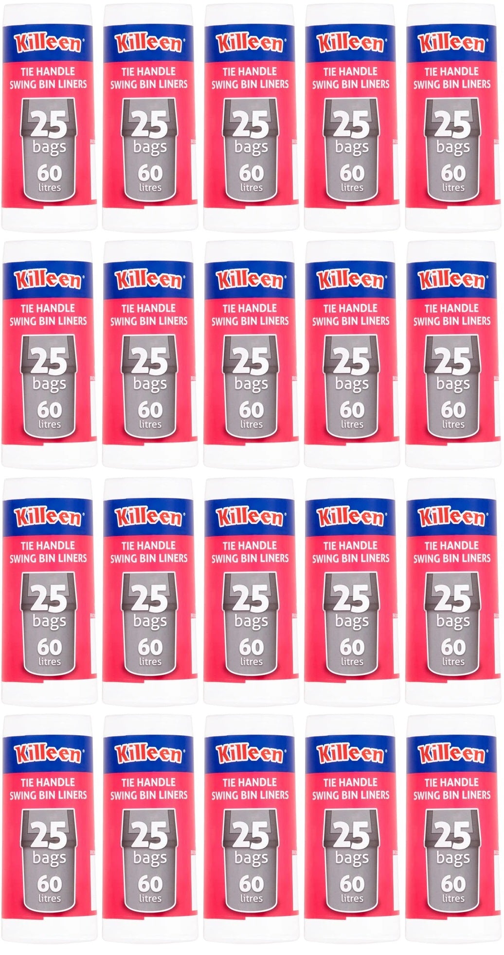 20 x Killeen Swing Bin Liners Tie Handles 60 Litre - 25 PACK