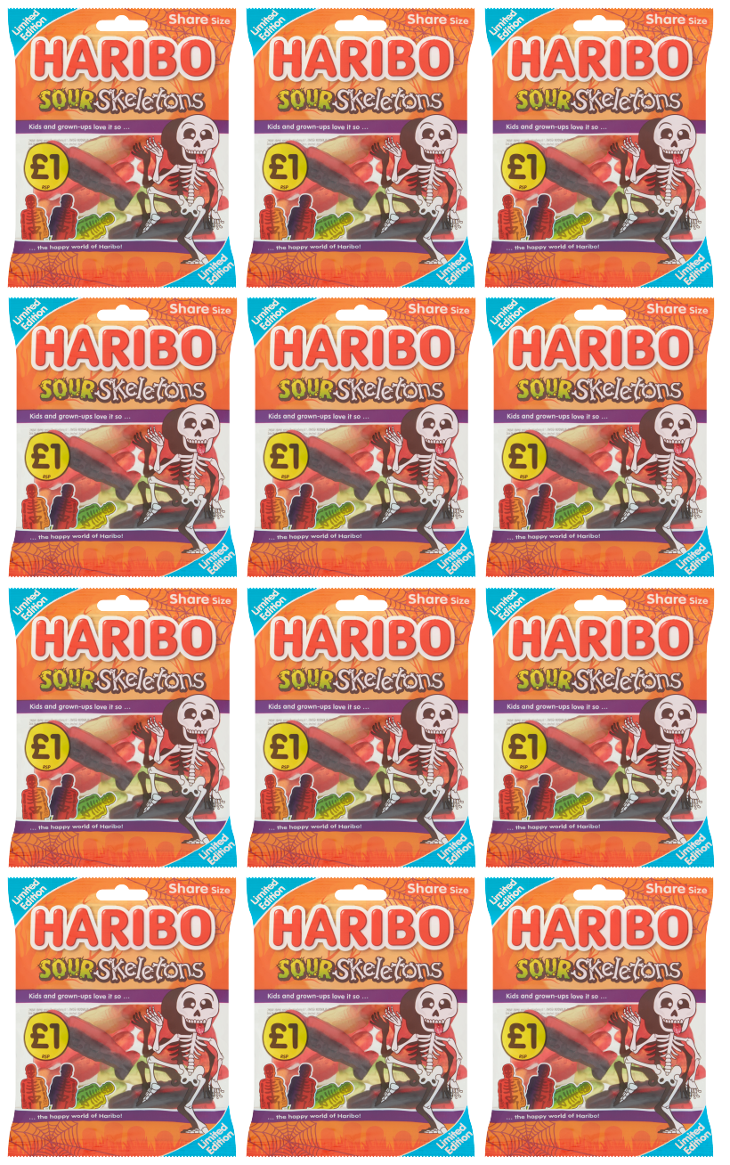 12 X Haribo Sour Skeletons Share Size Sweets Bag 140GM
