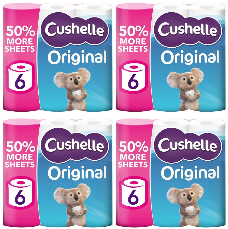 4 x Cushelle Original Toilet Rolls 6 Mega Rolls 50% More Sheets