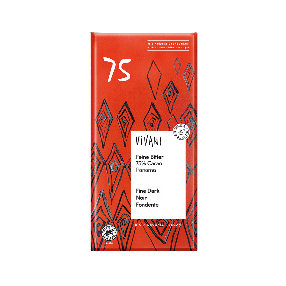 10 x Vivani Fine Dark 75% cocoa + coconut blossom sugar - 80g