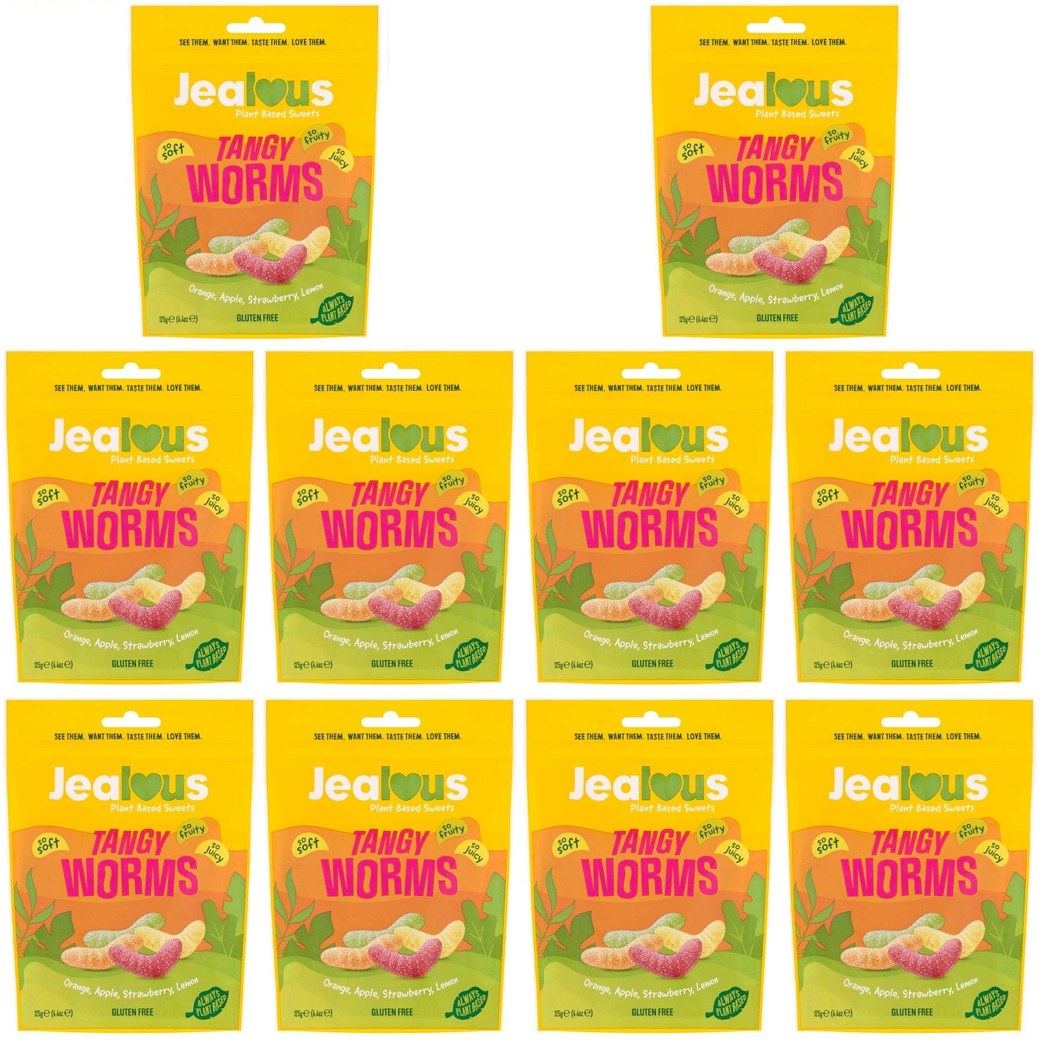 10 x Jealous Sweets Tangy Worms Share Bag - 125g