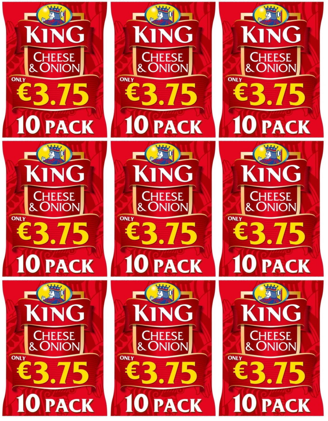 9 x King Cheese & Onion Flavour Potato Crisps 10 X 25G