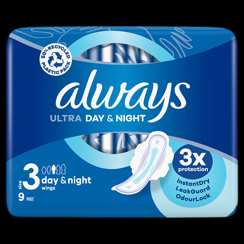 16 x Always Ultra Day & Night Sanitary Towels (Size 3) Wings 9 Pads