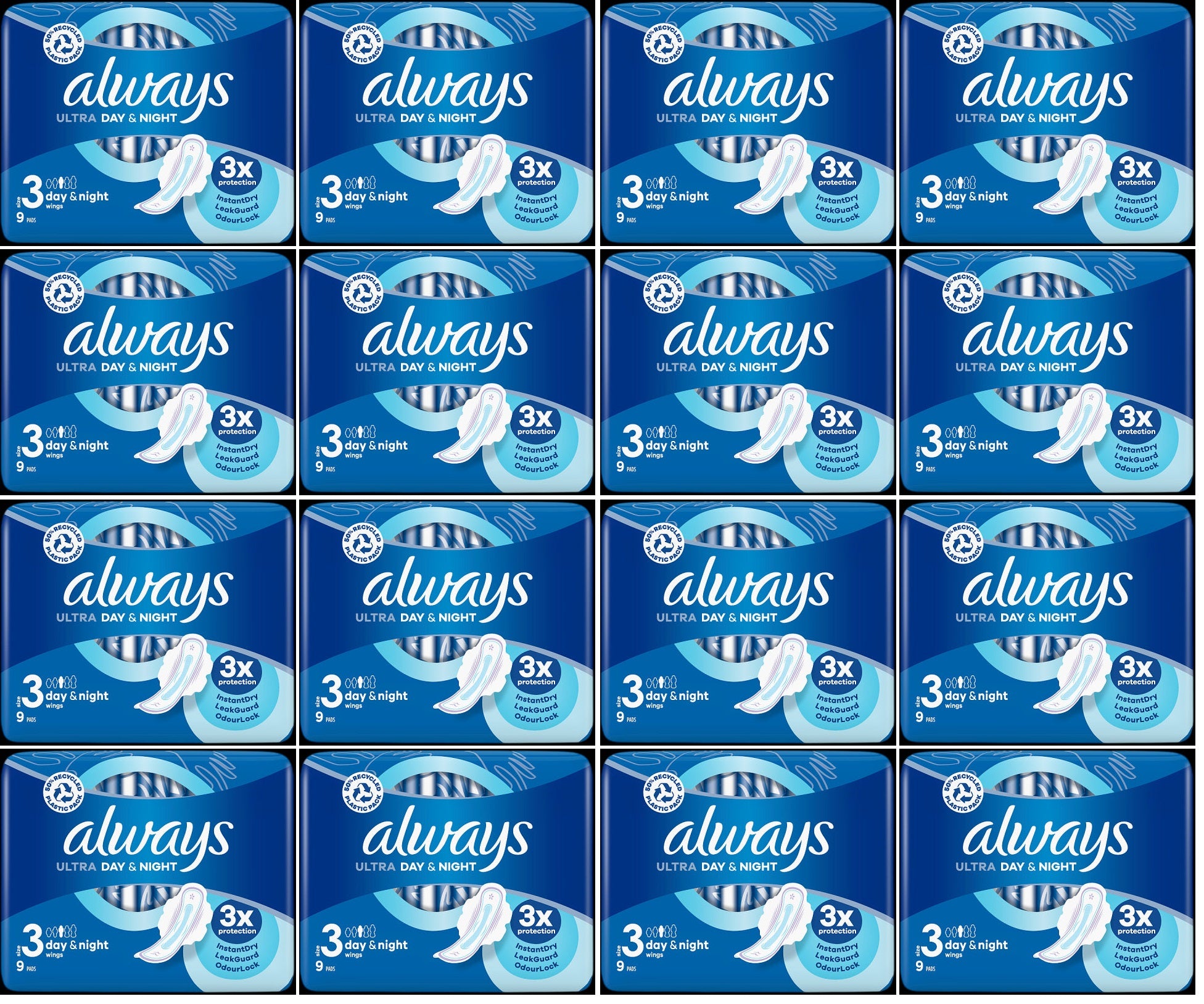 16 x Always Ultra Day & Night Sanitary Towels (Size 3) Wings 9 Pads