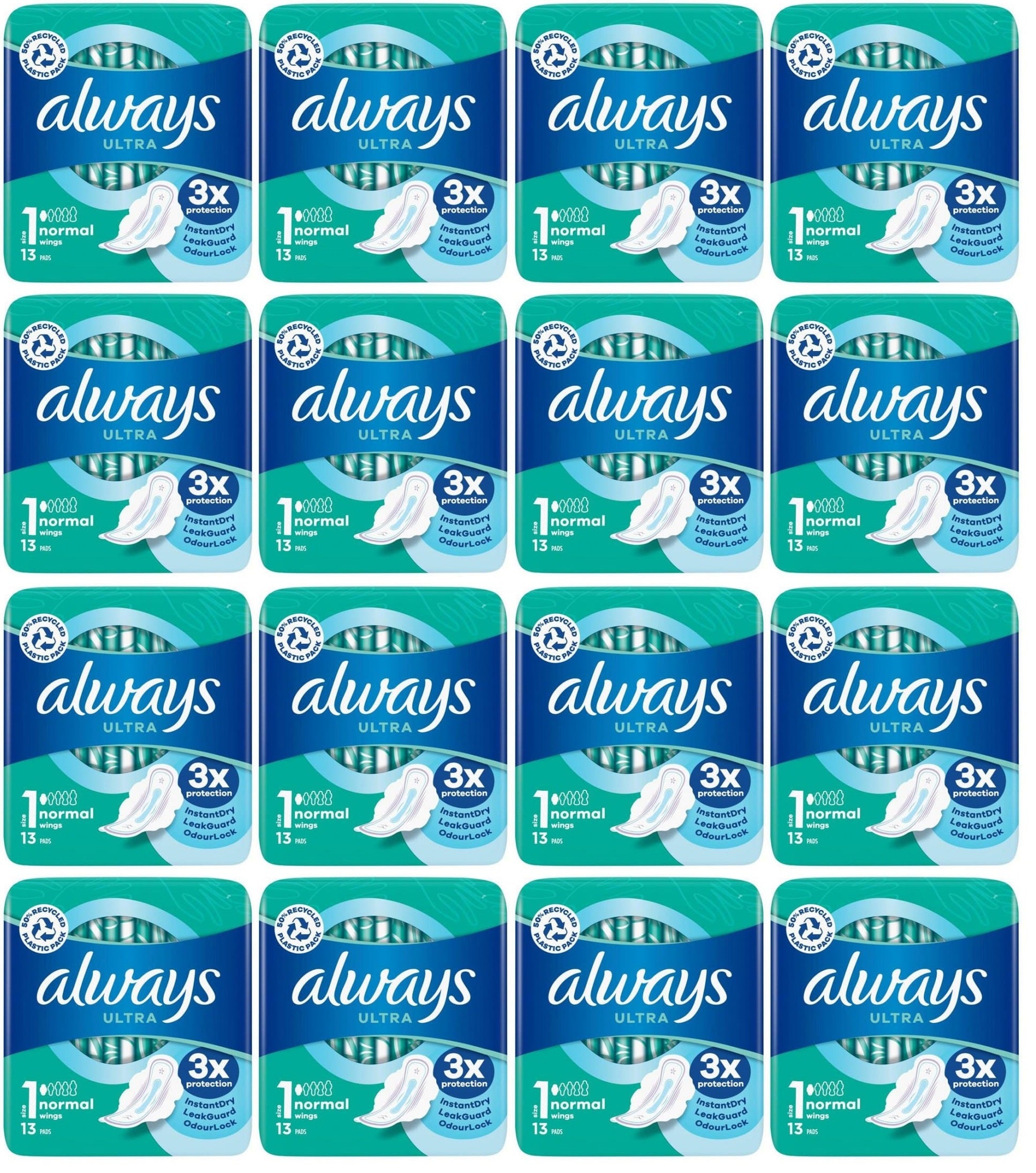 16 x Always Ultra Day Sanitary Towels Normal (Size 1) Wings 13 Pads