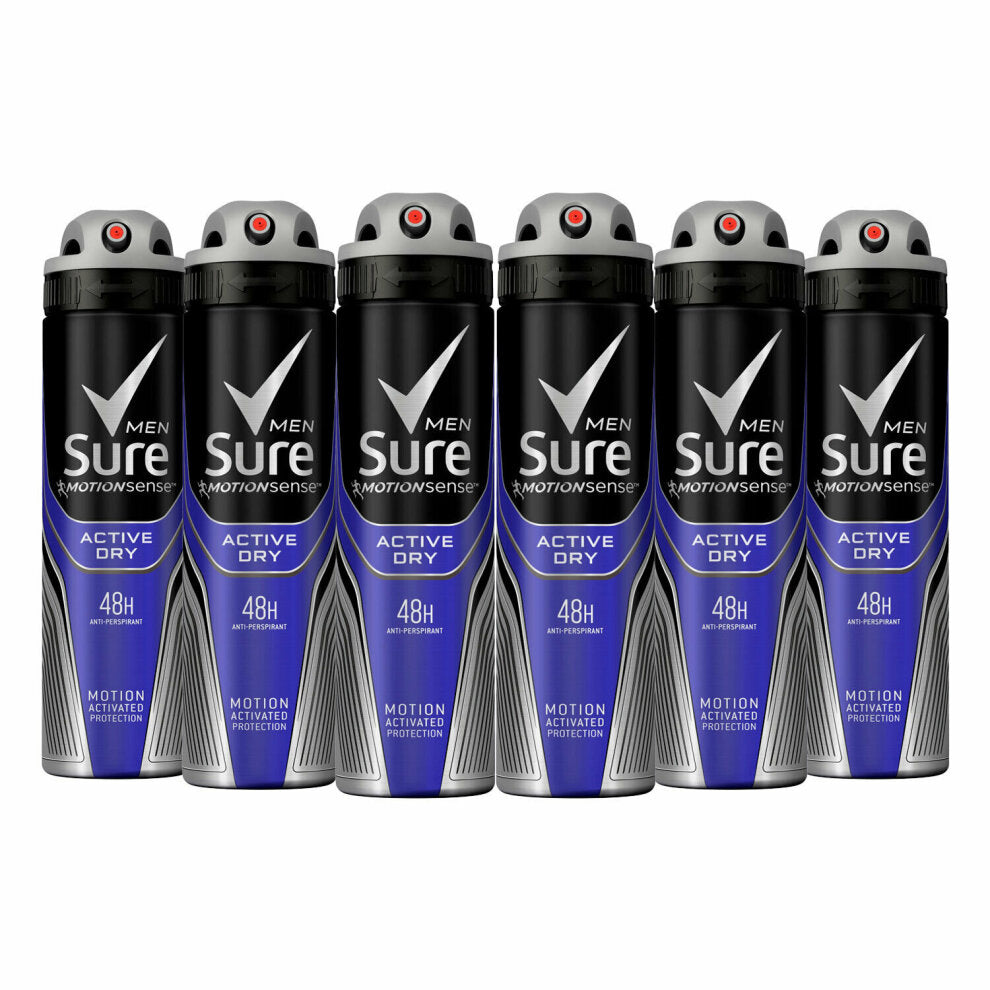 6 x Sure Men Anti-Perspirant Deodorant Aerosol Active Dry 150 Ml