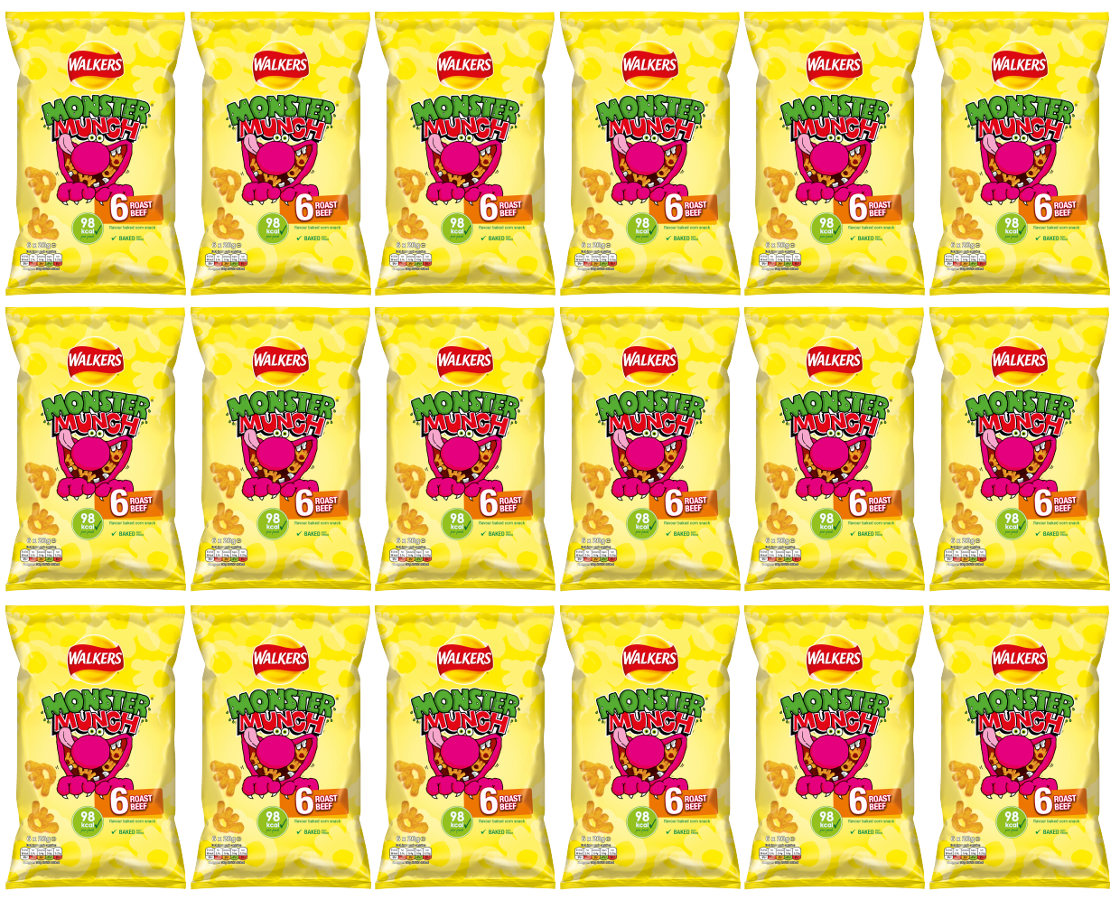 18 x Walkers Monster Munch Roast Beef 6Pk 22Gm