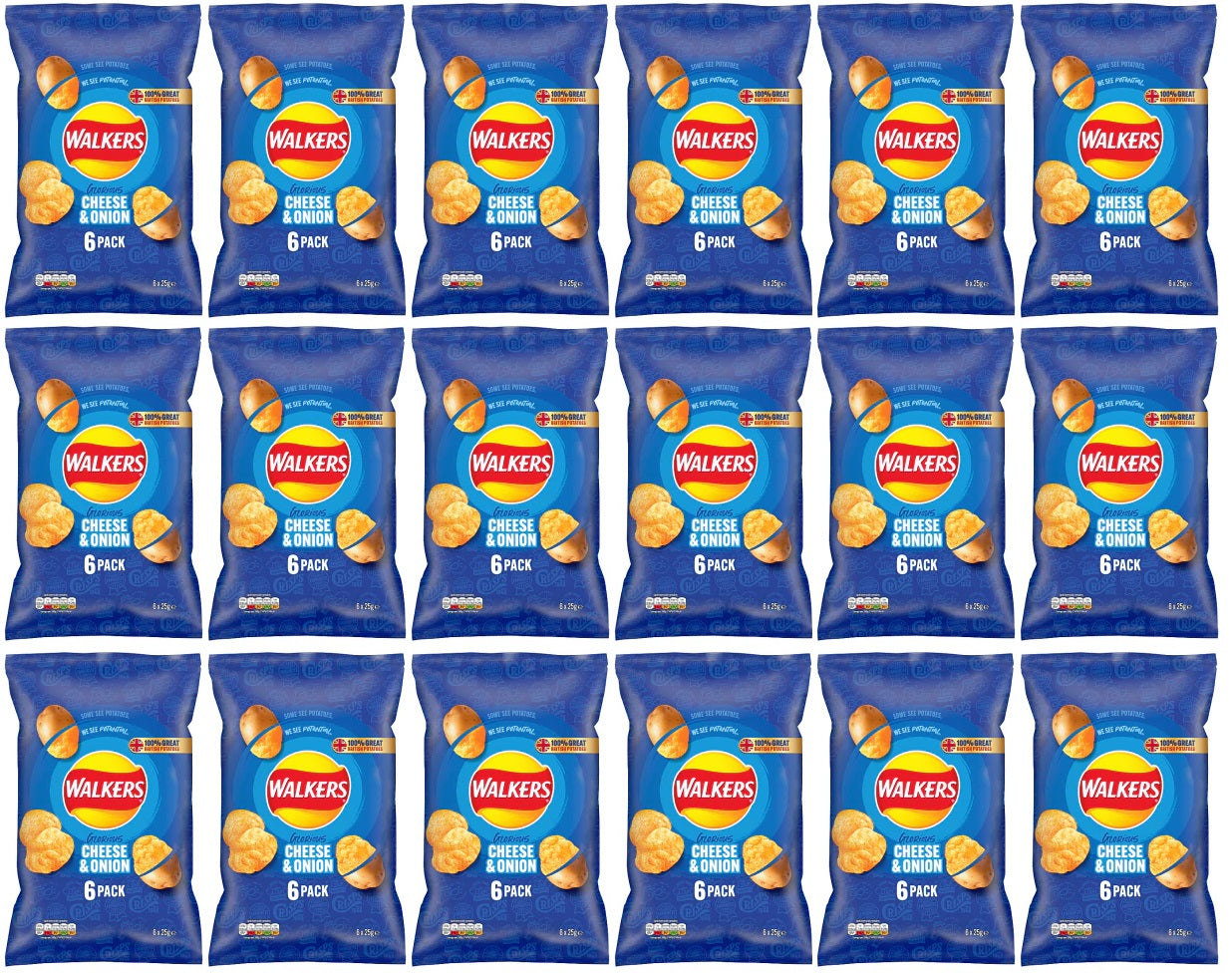 18 x Walkers Cheese & Onion Multipack Crisps 6X25G