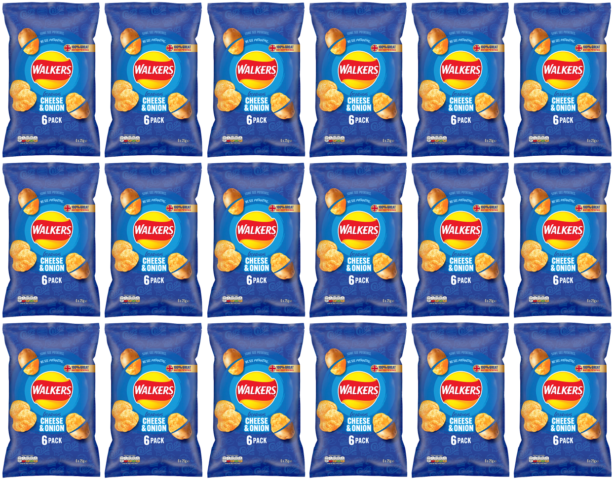 18 x Walkers Cheese & Onion 6Pk 6X25Gm