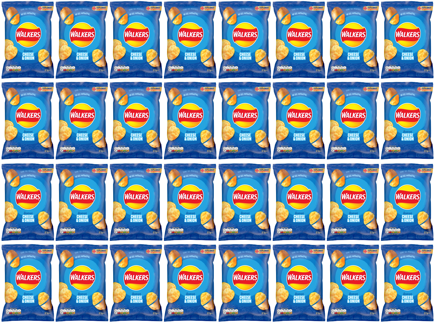 32 x Walkers Cheese & Onion 32.5Gm