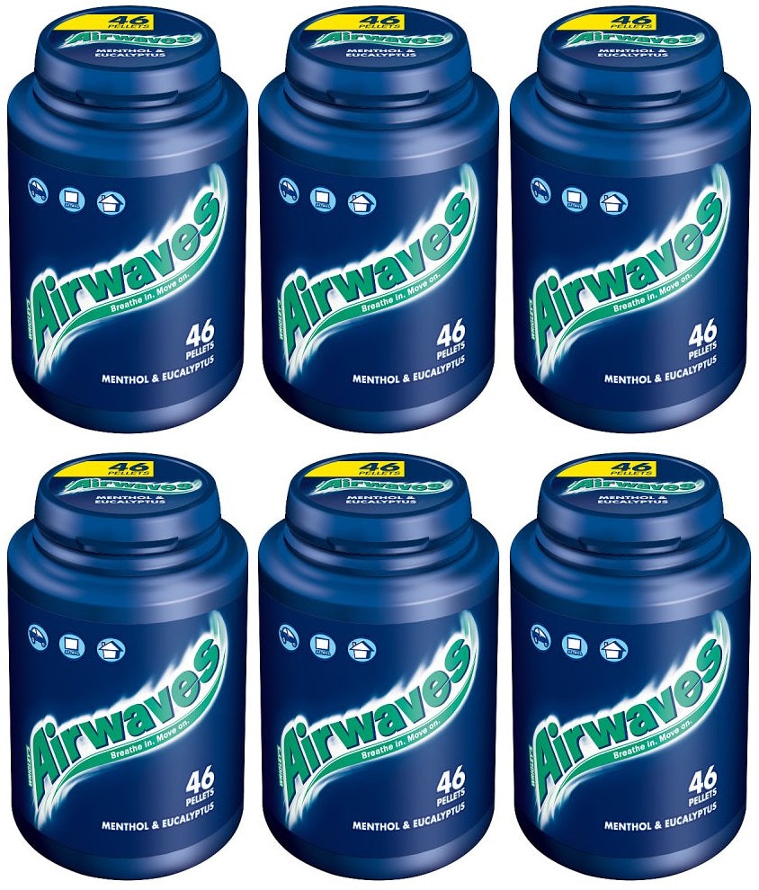 6 x Airwaves Menthol & Eucalyptus Sugar Free Chewing Gum Bottle 46 Pieces