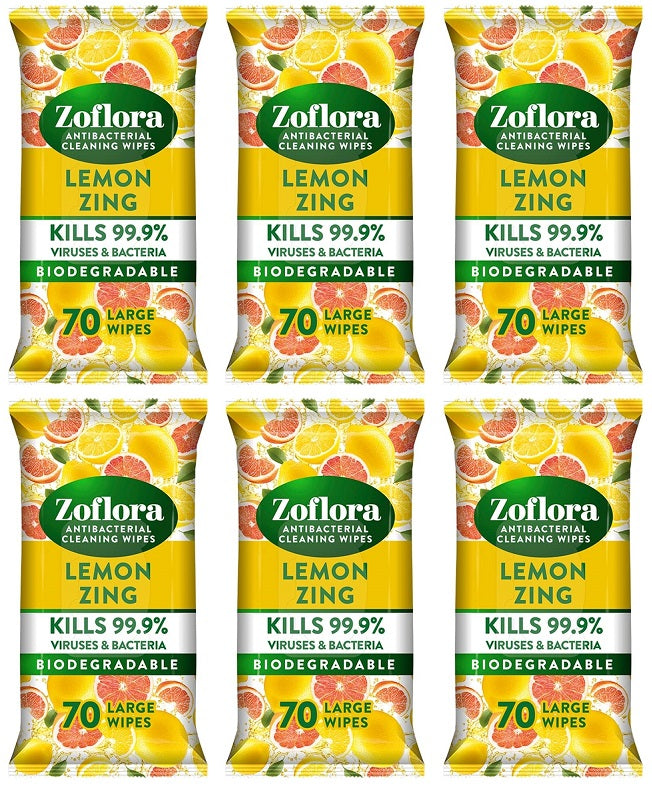 6 x Zoflora Antibacterial Wipes Lemon Zing - 70 PACK