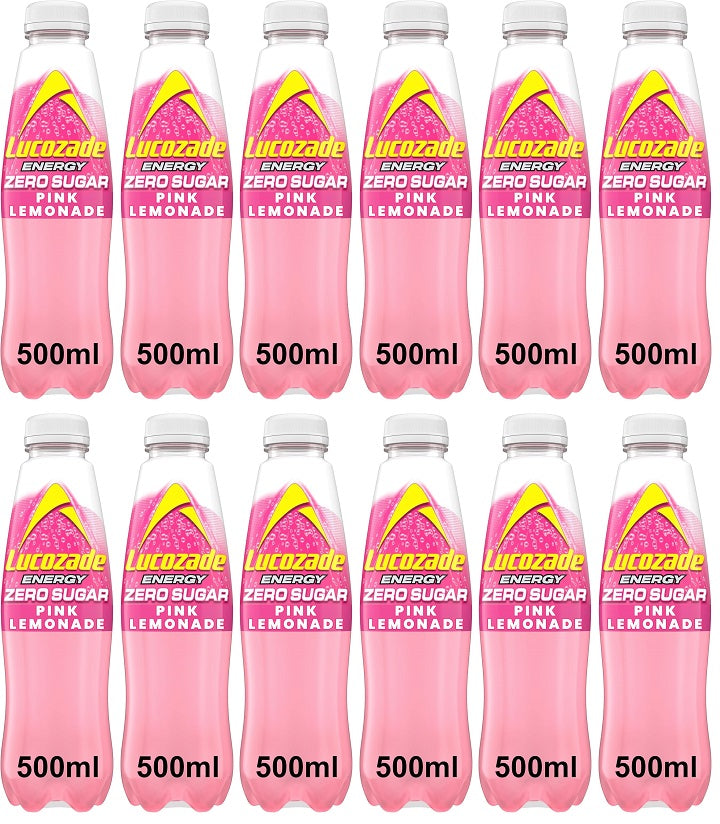 12 x Lucozade Energy Zero Sugar Drink Pink Lemonade 500Ml