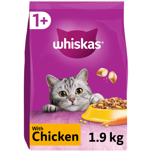 4 x Whiskas 1+ Chicken Adult Dry Cat Food 1.9Kg