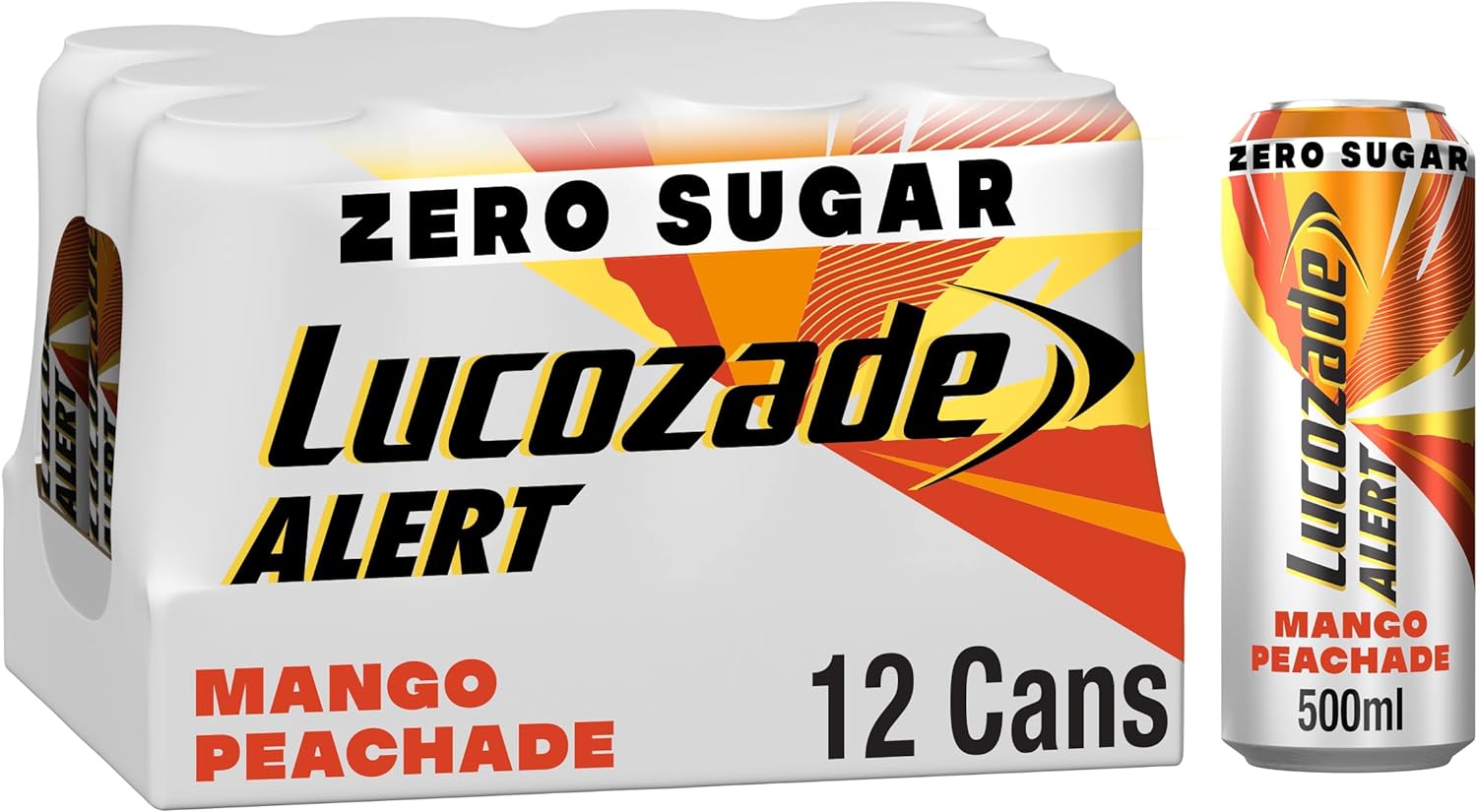 12 x Lucozade Alert Zero Mango & Peach Caffeine Energy Drink 500Ml