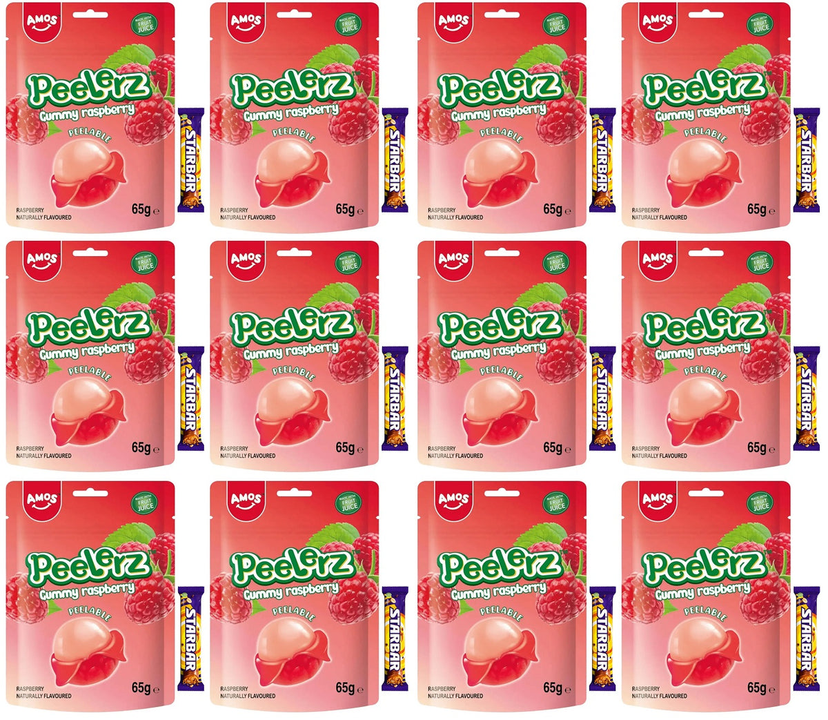 12 X Amos Peelerz Gummy Raspberry - 65Gm