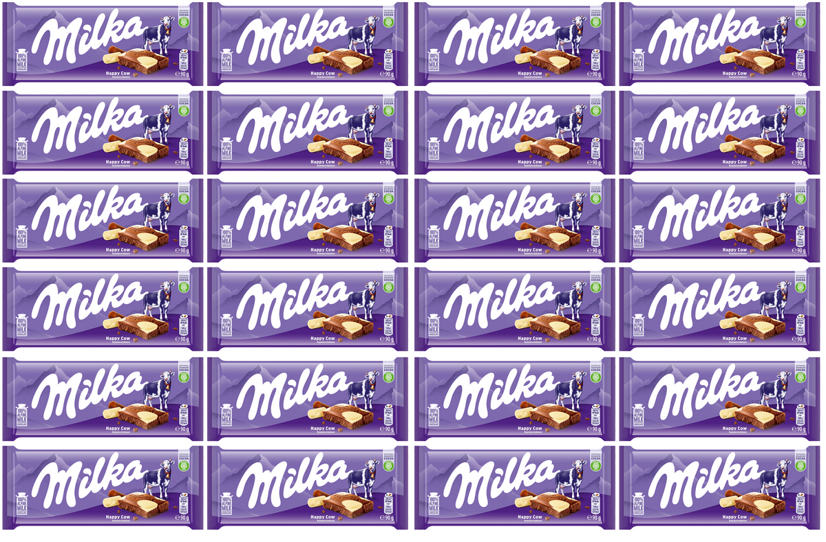 24 X Milka Happy Cows Milk And White Choc Bar - 90Gm