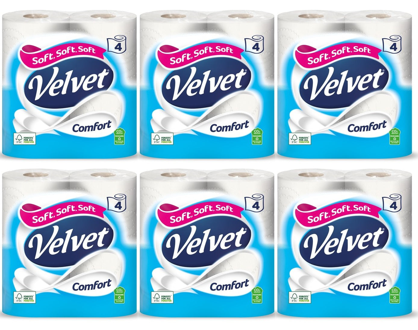 6 x Velvet Comfort Toilet Roll 4 Rolls