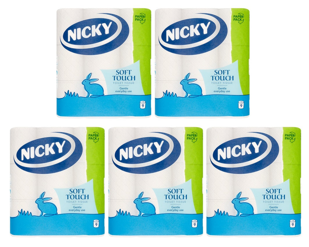 5 x Nicky Soft Touch Toilet Tissue 9 Rolls