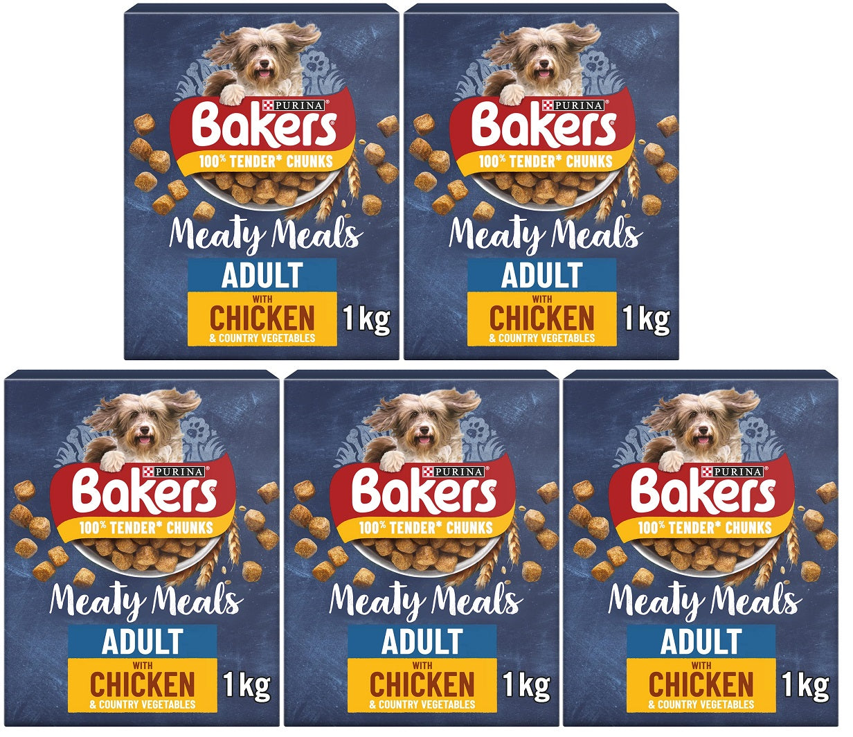 5 x Bakers Meaty Meals Adult Chicken Dry Dog Food 1Kg