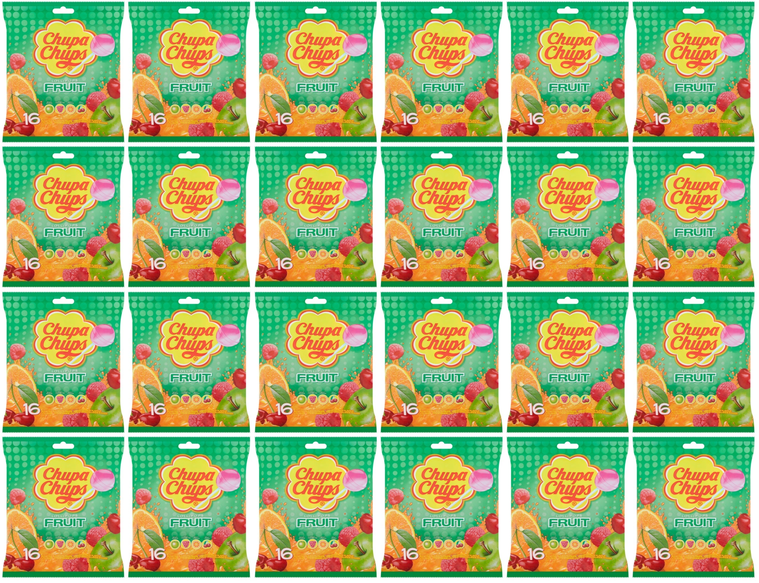 24 x Chupa Chups 16 Assorted Fruit Flavour Lollipops 192G