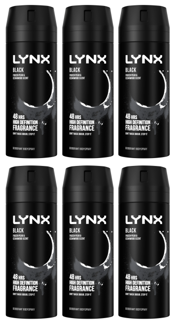 6 x Lynx Body Spray Black 150Ml