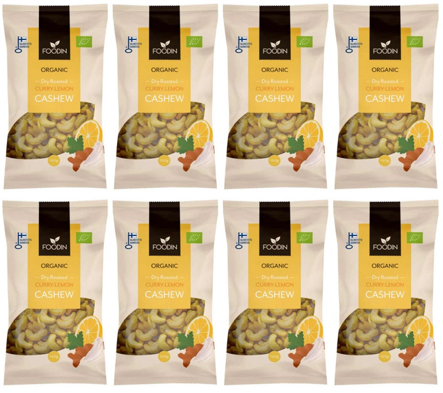8 x Foodin Org Dry Roasted Curry-Lemon Cashew - 120g