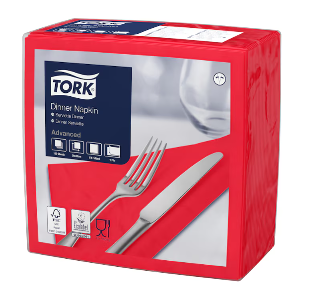 12 x Tork Dinner Napkin Red 2Ply 150Pk