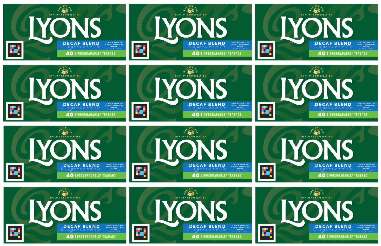 12 x Lyons Decaf Blend Teabags 40 Biodegradable Teabags 116G