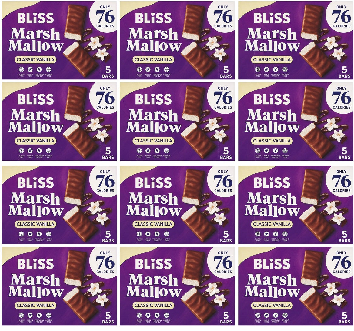 12 X Bliss Chocolate Mallow Vanilla Bars 5Pk - 5 X 20G
