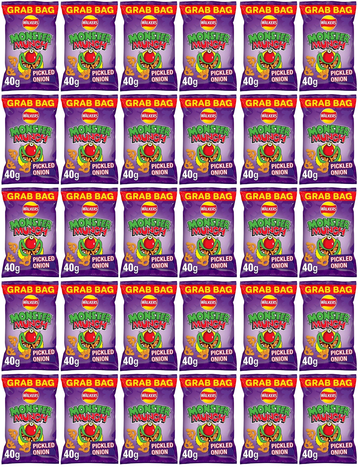 30 x Walkers Monster Munch Pickled Onion Snacks Crisps 40G