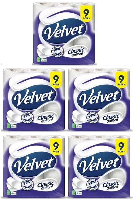 5 x Velvet Classic Quilted Toilet Roll 9 Rolls