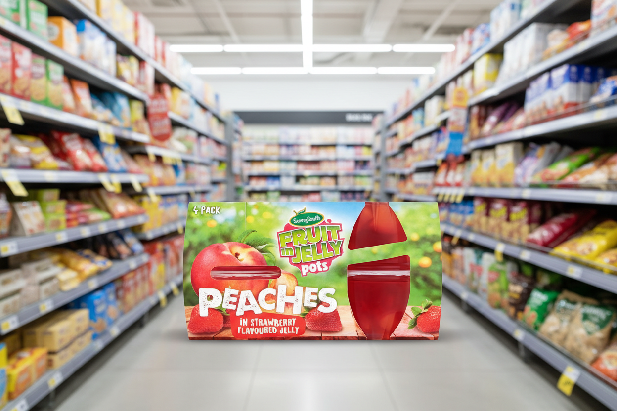 6 x Sunny South Peaches In Strawberry Jelly In Pots 4 X120G