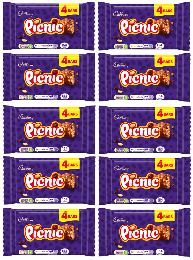 10 x Cadbury Picnic Snacksize 4Pk 128Gm