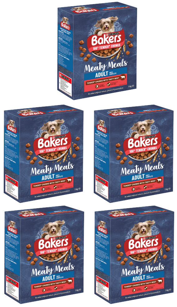 5 X Purina Bakers Complete Meaty Meals With Tasty Beef 1Kg