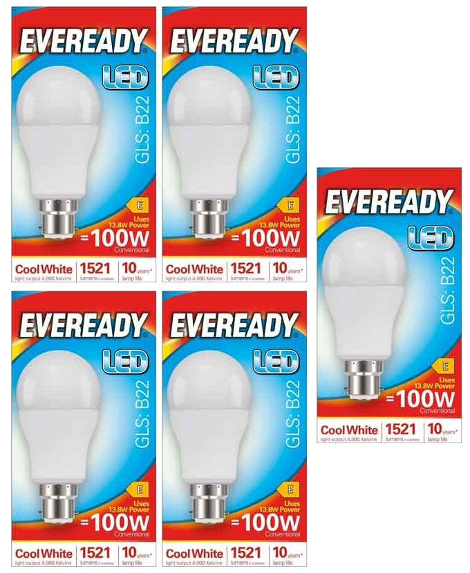 5 x Eveready Led Bulb Cool White Bc 13.2W - Single