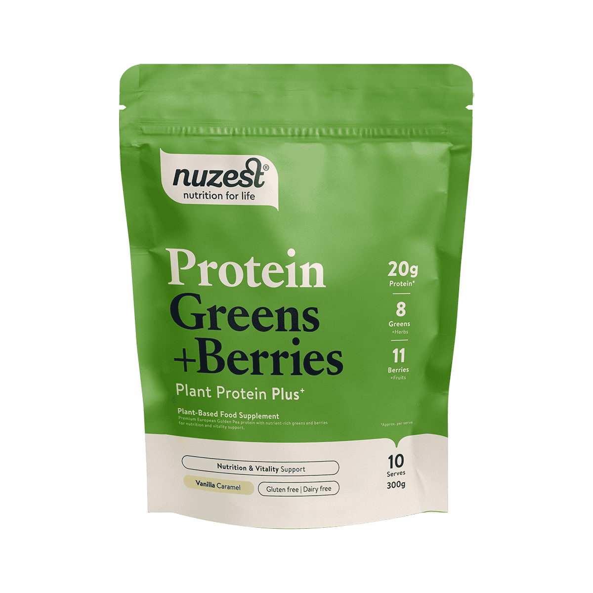 Nuzest Protein Plus Greens Berries Vanilla Caramel - 300g