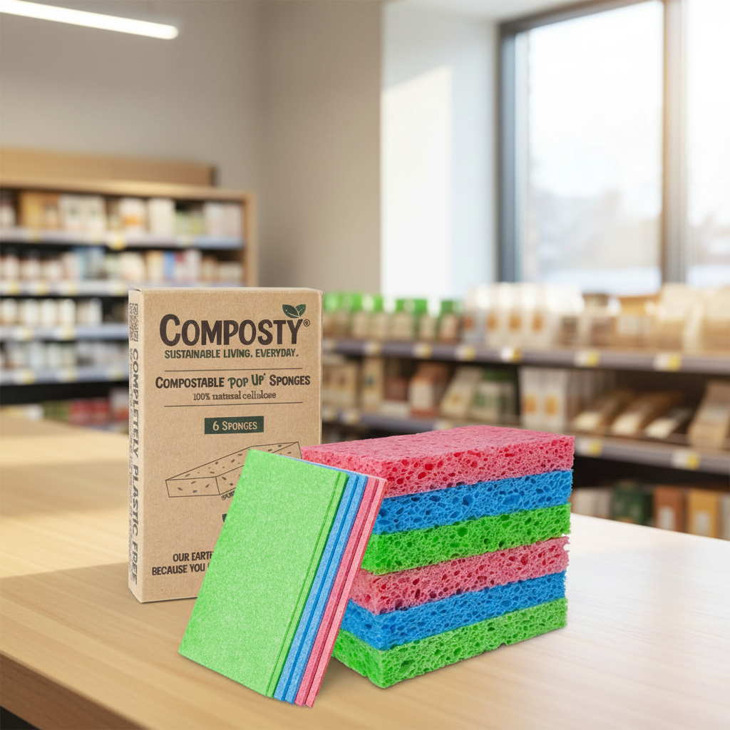 A stack of colorful 'Composty Magic Pop-Up Sponges - 6pc' with their packaging box behind them. The sponges are pink, blue, and green, and they appear to be made of a biodegradable material.