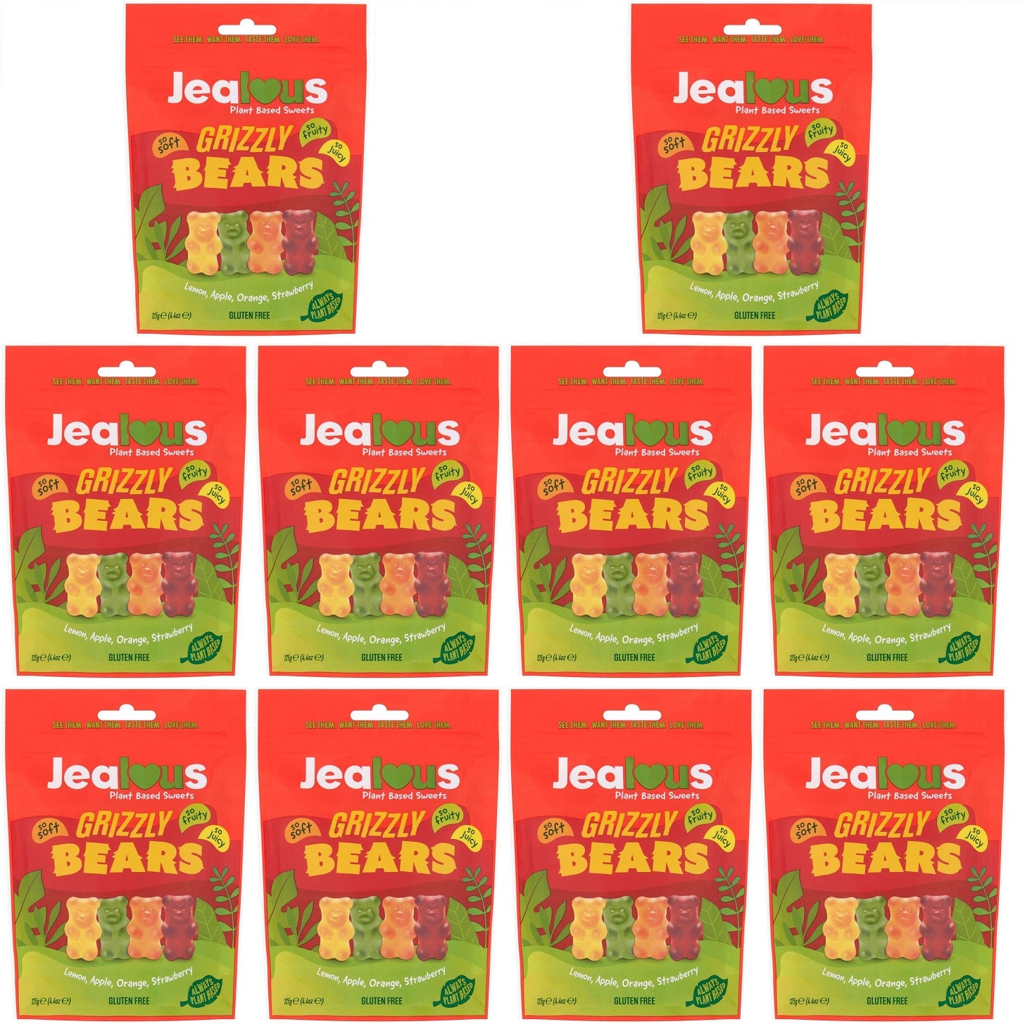 10 x Jealous Sweets Grizzly Bears   Share Bag - 125g