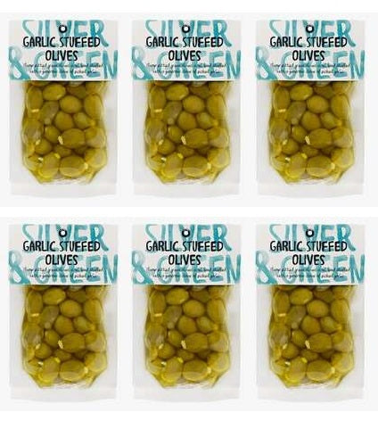 6 x Silver & Green Garlic Stuffed Olives - 220g