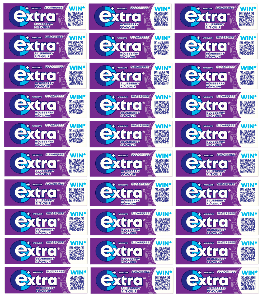 30 X Extra Blueberry Chewing Gum Sugar Free 10 Pieces