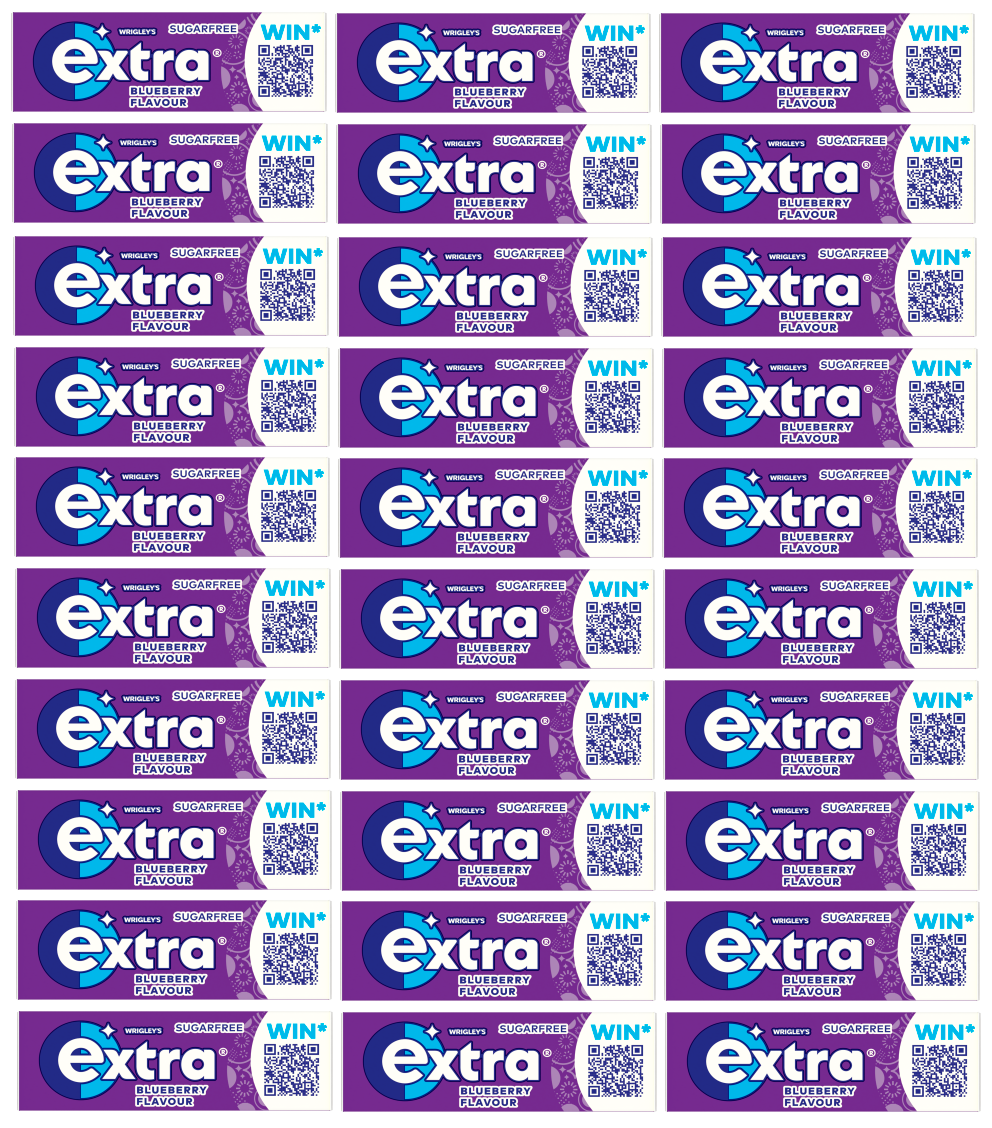 30 x Extra Blueberry Flavour Sugarfree Chewing Gum 10 Pieces