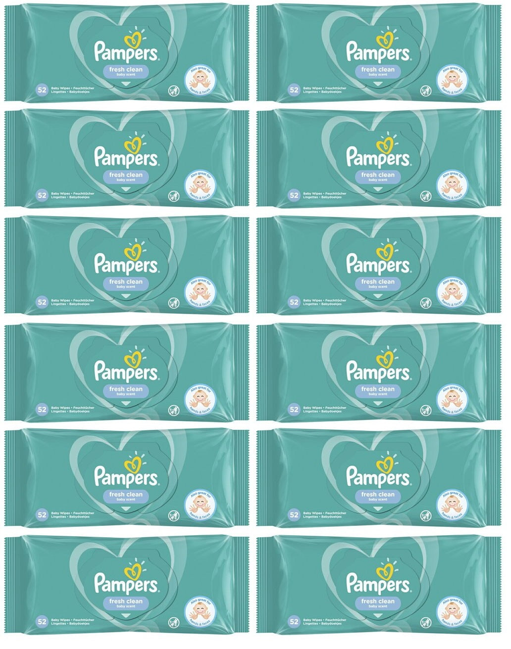 12 x Pampers Fresh Clean Baby Wipes 1 Pack = 52 Baby Wet Wipes