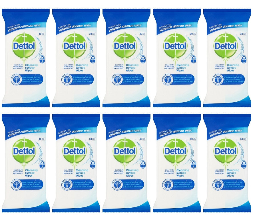 10 x Dettol Antibacterial Cleansing Surface 30 Large Wipes