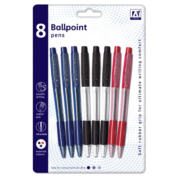 12 x Stat 8 Retractable B/Point Pens 3Col