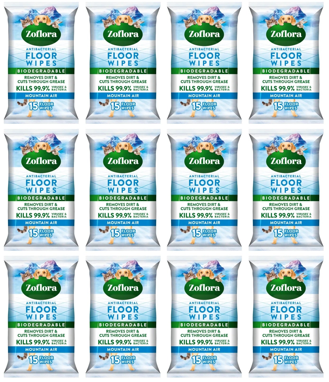 12 x Zoflora Floor Wipes Mountain Air  - 15 PACK
