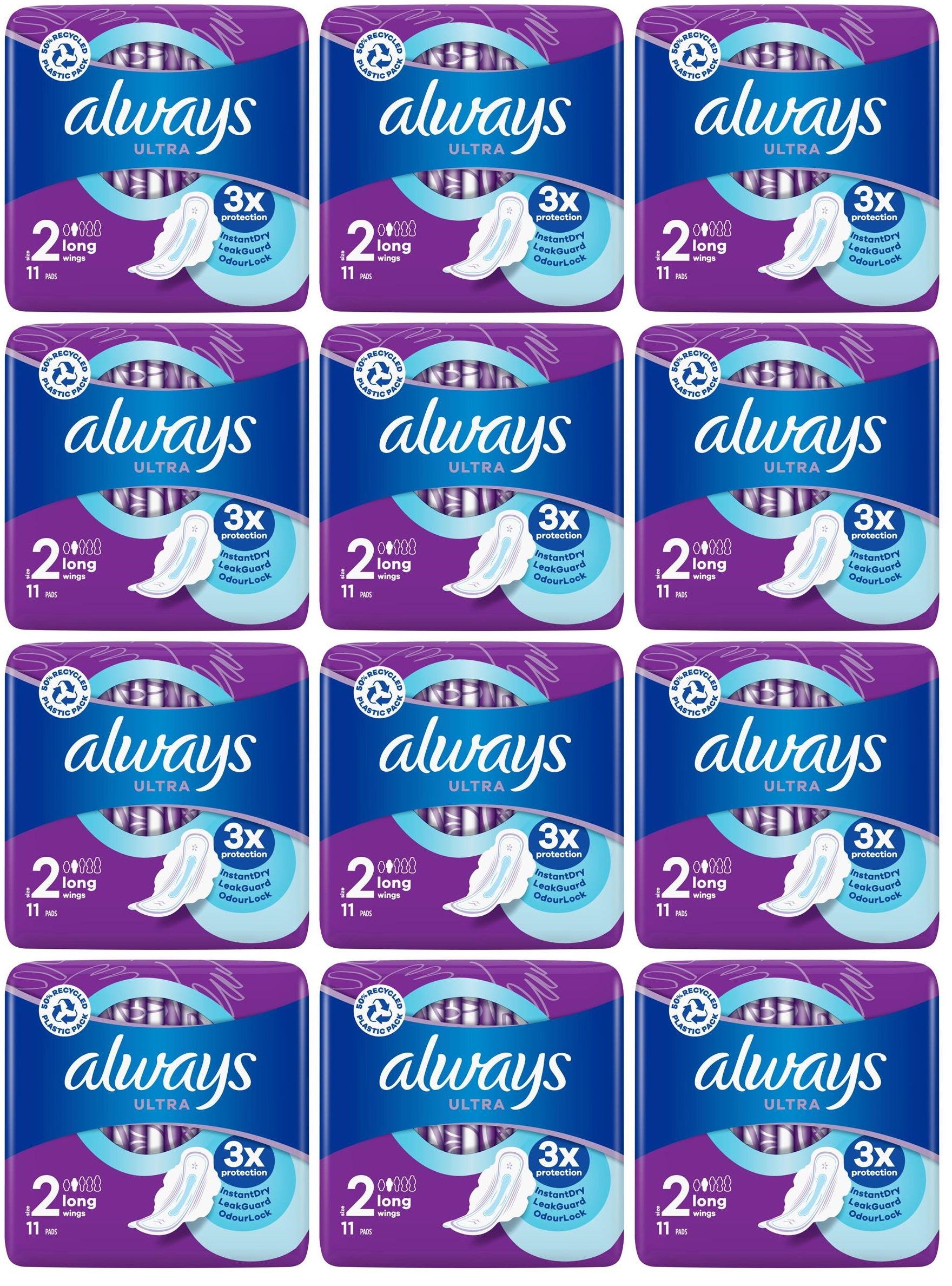 12 x Always Ultra Day Sanitary Towels Long (Size 2) Wings 11 Pads