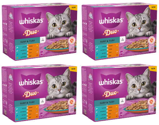 4 x Whiskas Cat 1+ Pouch Jelly  Duo Surf & Turf 12 Pack - 12X85Gm