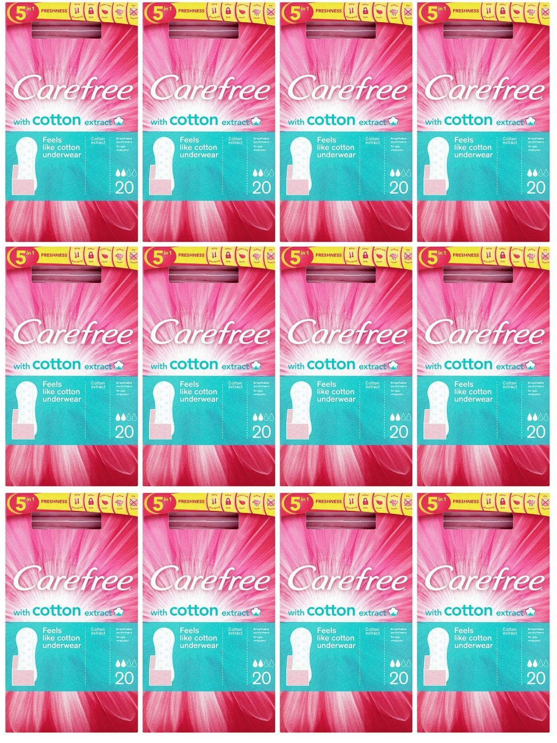 12 x Carefree Panty Liners Pads Folded Breathable Pack Of 20